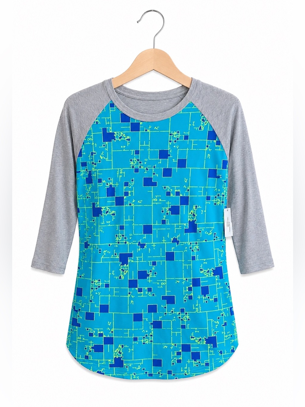 LuLaRoe Randy Gray Blue Yellow Circuit Board Raglan Tee XS NWT Baseball